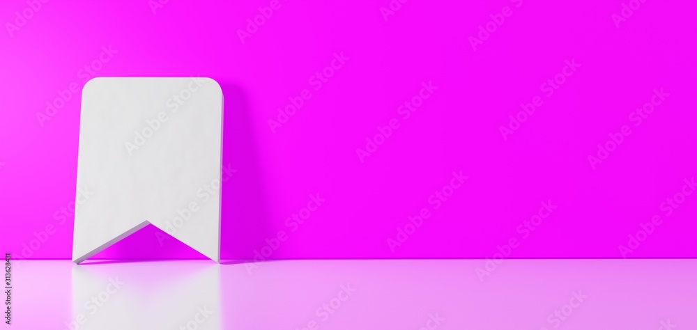 Poster 3d rendering of white symbol of bookmark icon leaning on color wall with floor reflection with empty