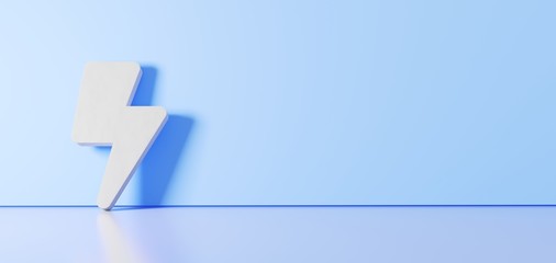3D rendering of white symbol of bolt of lightning icon leaning on color wall with floor reflection with empty space on right side