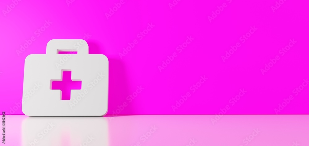 Poster 3d rendering of white symbol of medical briefcase icon leaning on color wall with floor reflection w