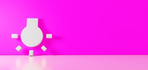3D rendering of white symbol of bulb icon leaning on color wall with floor reflection with empty space on right side