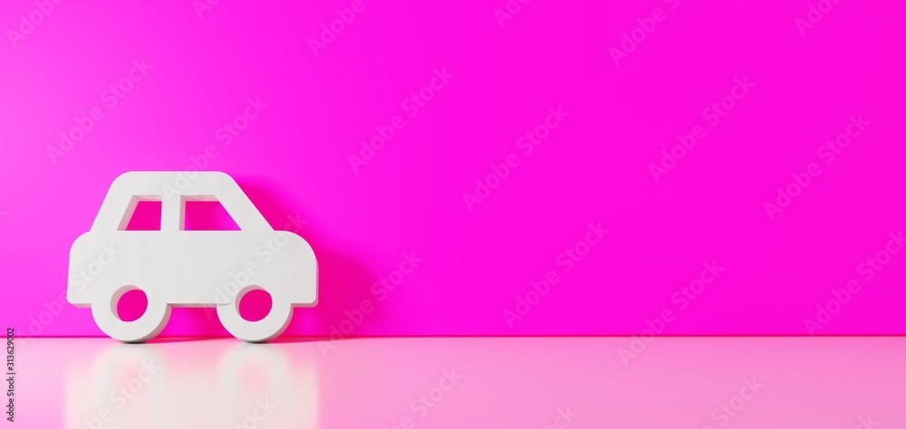 Poster 3D rendering of white symbol of car side icon leaning on color wall with floor reflection with empty space on right side