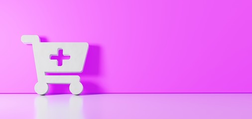 3D rendering of white symbol of cart plus icon leaning on color wall with floor reflection with empty space on right side