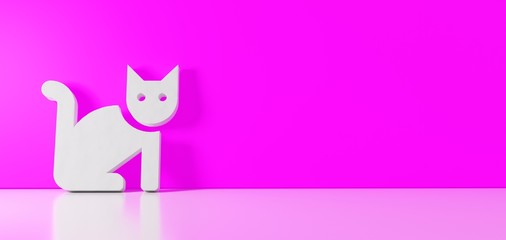 3D rendering of white symbol of cat icon leaning on color wall with floor reflection with empty space on right side
