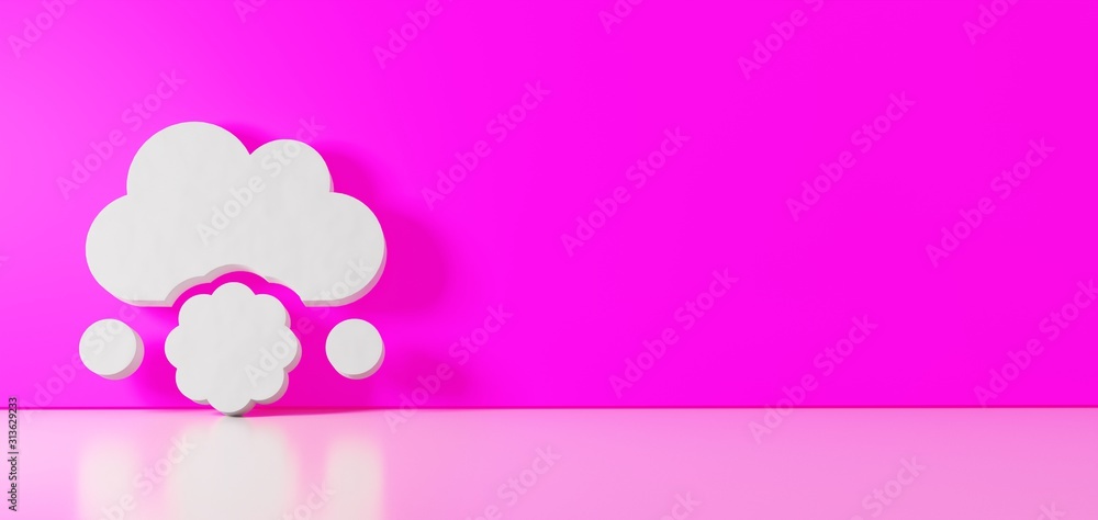 Poster 3d rendering of white symbol of cloud meatball icon leaning on color wall with floor reflection with