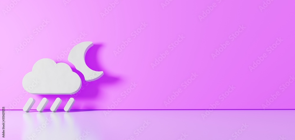 Poster 3d rendering of white symbol of rainy cloud moon icon leaning on color wall with floor reflection wi