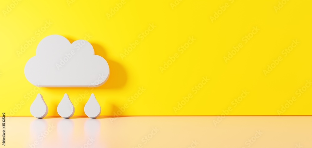 Poster 3d rendering of white symbol of rain cloud icon leaning on color wall with floor reflection with emp