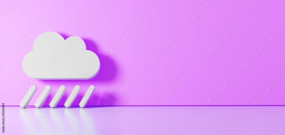 Poster 3d rendering of white symbol of cloud showers heavy icon leaning on color wall with floor reflection