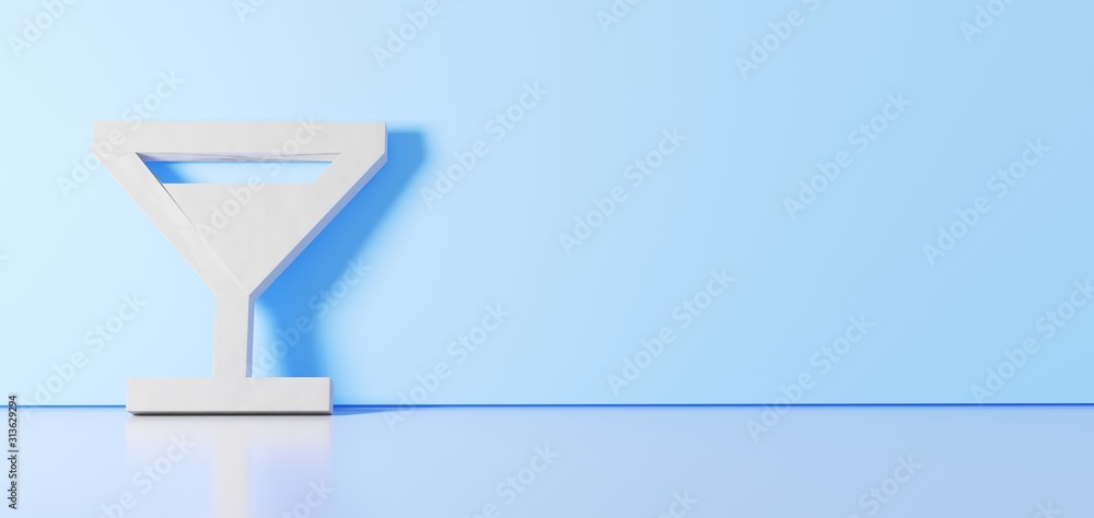 Poster 3d rendering of white symbol of cocktail glass icon leaning on color wall with floor reflection with
