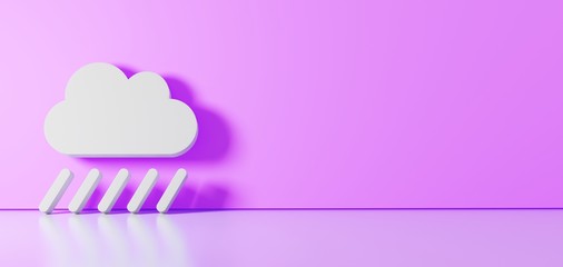 3D rendering of white symbol of cloud showers heavy icon leaning on color wall with floor reflection with empty space on right side
