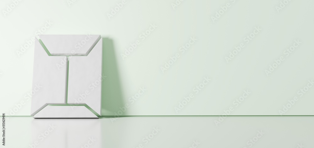 Poster 3D rendering of white symbol of sealed envelope icon leaning on color wall with floor reflection with empty space on right side