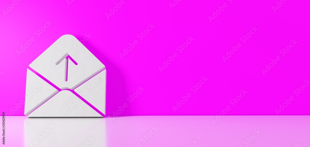 Poster 3d rendering of white symbol of paper open envelope icon leaning on color wall with floor reflection