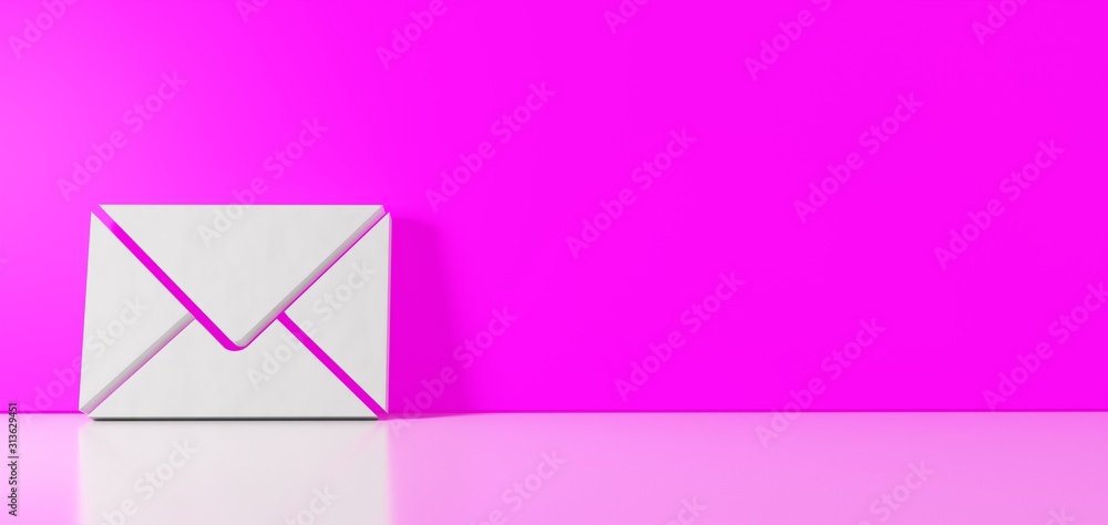 Poster 3D rendering of white symbol of paper close envelope icon leaning on color wall with floor reflection with empty space on right side