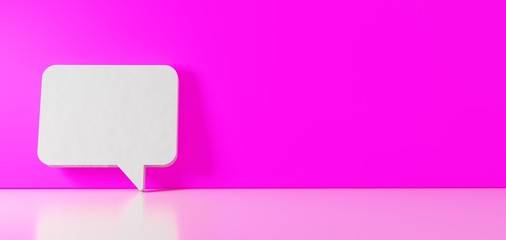 3D rendering of white symbol of rectangular chat bubble icon leaning on color wall with floor reflection with empty space on right side