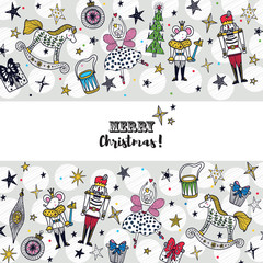 Nutcracker.  Christmas cute vector card with silver polka dots.