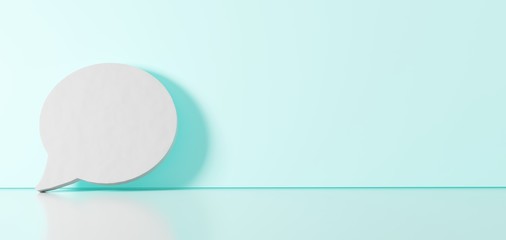 3D rendering of white symbol of rounded chat bubble icon leaning on color wall with floor reflection with empty space on right side