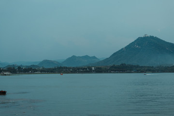 View of the Fateh Sagar Lake in Udaipur, Rajasthan, India