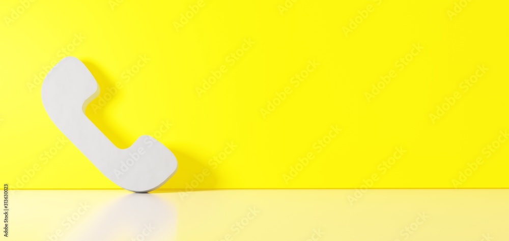 Poster 3d rendering of white symbol of communication phone icon leaning on color wall with floor reflection