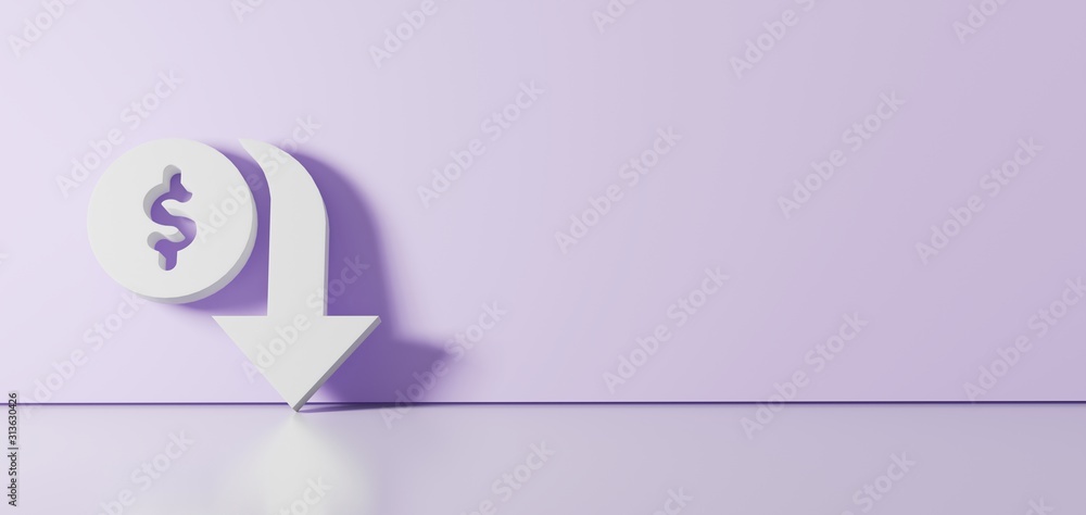 Poster 3D rendering of white symbol of devaluation icon leaning on color wall with floor reflection with empty space on right side