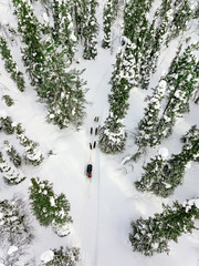 Aerial view of sledding with husky dogs in Lapland Finland. © nblxer