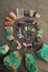 Crystal Reiki healing spiral of stones. Natural object still life photography. 