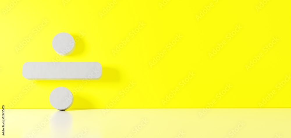 Poster 3d rendering of white symbol of divide icon leaning on color wall with floor reflection with empty s