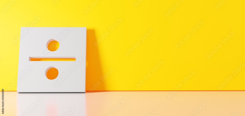Poster 3d rendering of white symbol of divide icon leaning on color wall with floor reflection with empty s