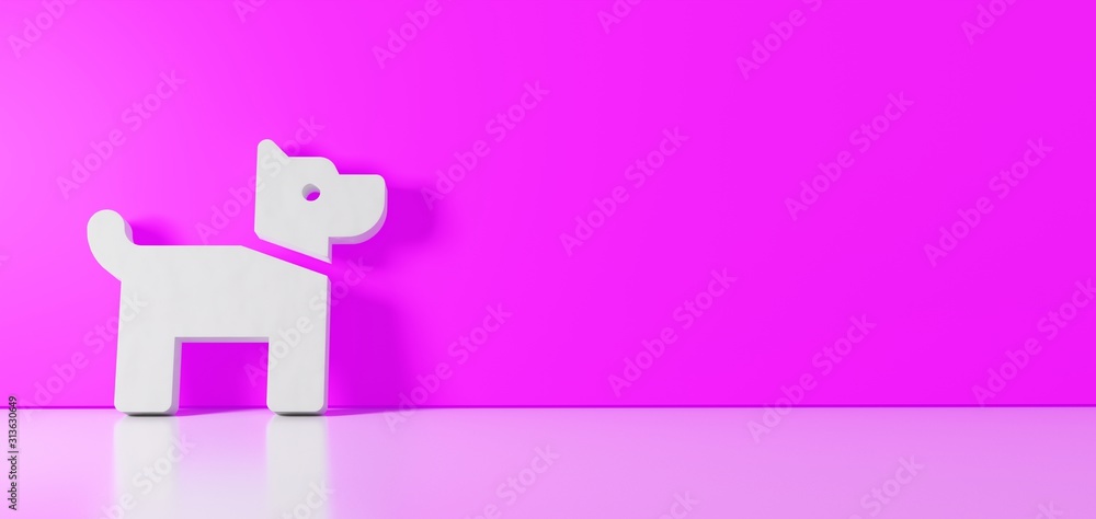 Poster 3d rendering of white symbol of dog icon leaning on color wall with floor reflection with empty spac