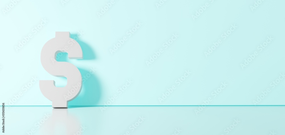 Poster 3d rendering of white symbol of dollar icon leaning on color wall with floor reflection with empty s