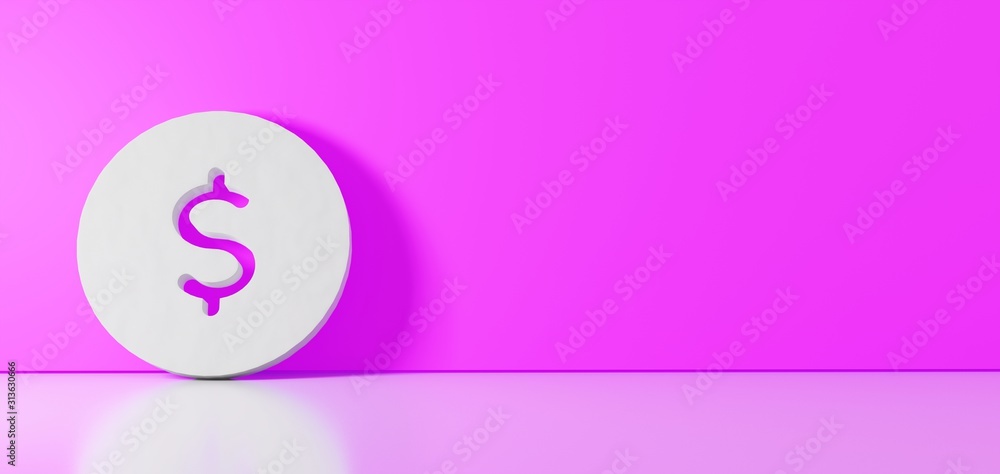 Poster 3d rendering of white symbol of dollar icon leaning on color wall with floor reflection with empty s