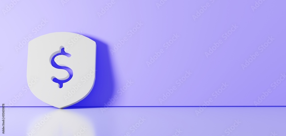 Poster 3d rendering of white symbol of dollar icon leaning on color wall with floor reflection with empty s