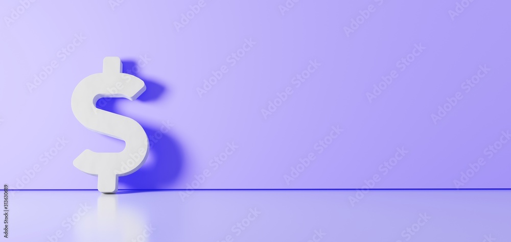 Poster 3d rendering of white symbol of dollar sign icon leaning on color wall with floor reflection with em