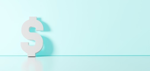 Obraz premium 3D rendering of white symbol of dollar icon leaning on color wall with floor reflection with empty space on right side