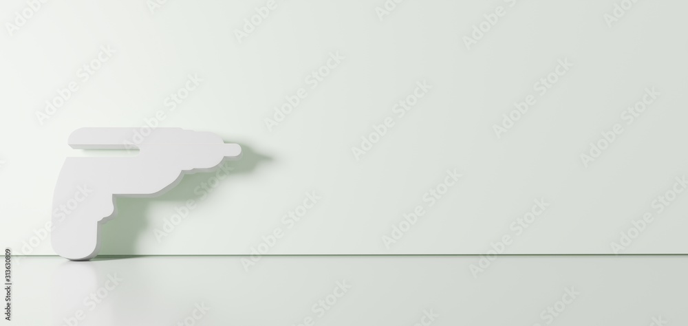 Poster 3d rendering of white symbol of drill icon leaning on color wall with floor reflection with empty sp