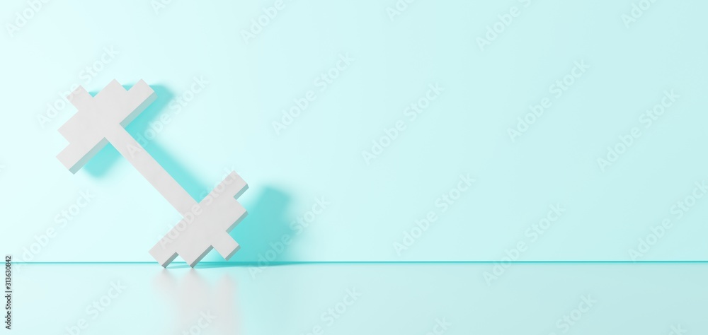 Poster 3d rendering of white symbol of dumbbell icon leaning on color wall with floor reflection with empty