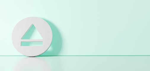 3D rendering of white symbol of eject  icon leaning on color wall with floor reflection with empty space on right side