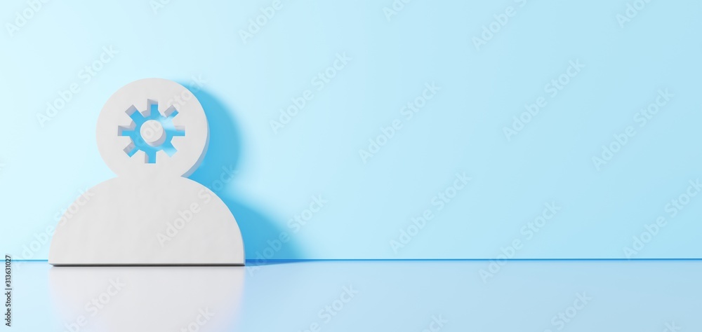 Poster 3d rendering of white symbol of employee icon leaning on color wall with floor reflection with empty
