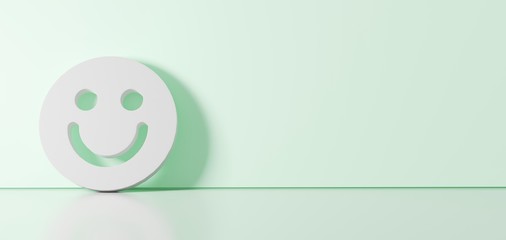 3D rendering of white symbol of emoticons smile icon leaning on color wall with floor reflection with empty space on right side