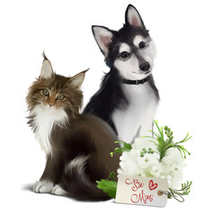Fluffy cat, husky dog and spring flowers. Watercolor