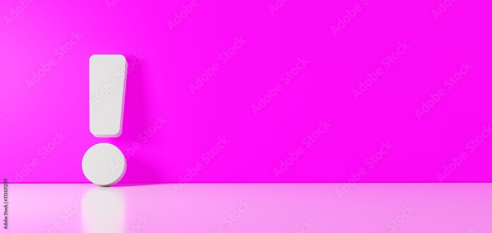 Poster 3d rendering of white symbol of exclamation icon leaning on color wall with floor reflection with em