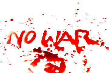 War word is written with finger bloody on a white background