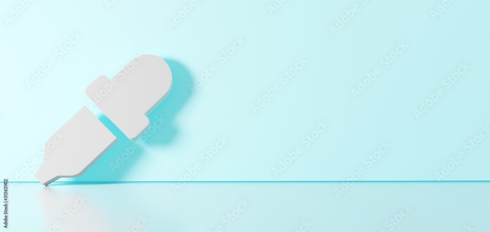 Poster 3d rendering of white symbol of eye dropper icon leaning on color wall with floor reflection with em