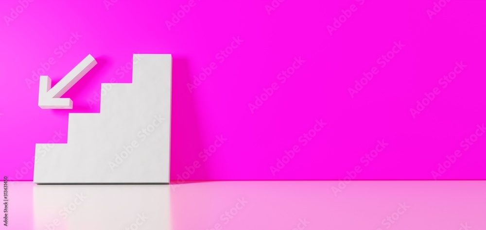 Poster 3D rendering of white symbol of fallen icon leaning on color wall with floor reflection with empty space on right side