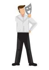 Businessman holding a mask in his hand. Concept of faking and betray.