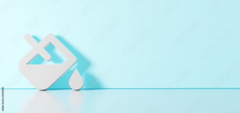 Poster 3d rendering of white symbol of fill drip icon leaning on color wall with floor reflection with empt