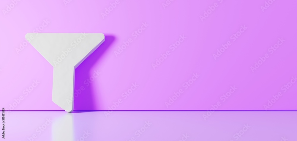 Poster 3d rendering of white symbol of filter icon leaning on color wall with floor reflection with empty s
