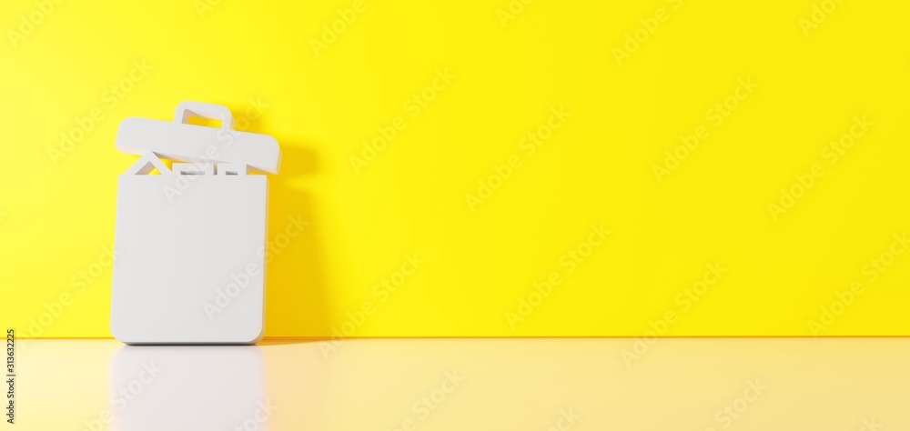 Poster 3d rendering of white symbol of garbage icon leaning on color wall with floor reflection with empty 