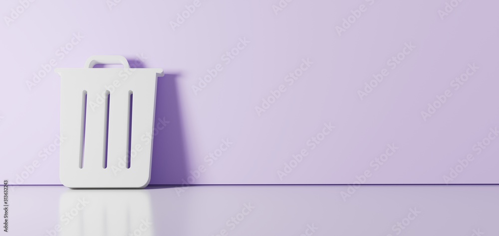 Poster 3d rendering of white symbol of garbage icon leaning on color wall with floor reflection with empty 