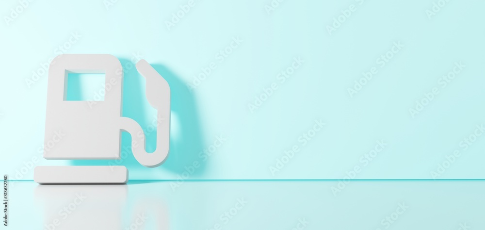 Poster 3d rendering of white symbol of gas pump icon leaning on color wall with floor reflection with empty