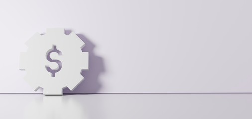 3D rendering of white symbol of gear icon leaning on color wall with floor reflection with empty space on right side