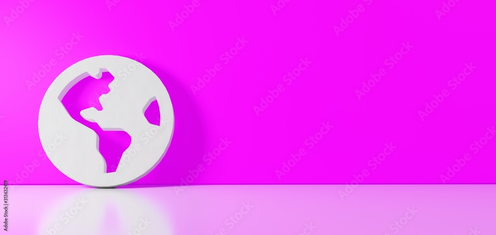 Aufkleber 3d rendering of white symbol of globe americas icon leaning on color wall with floor reflection with